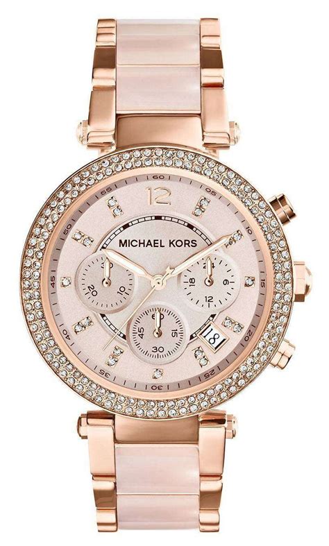 michael kors parker chronograph gold tone navy leather ladies watch|Michael Kors Watch mk5896.